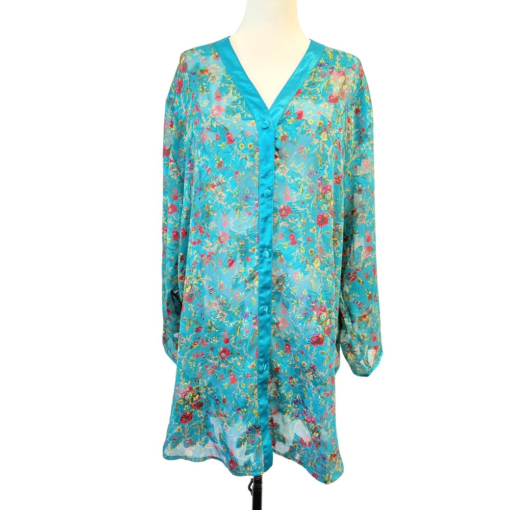 Vintage Victorias Secret Gold Label Blue Floral Sheer Chiffon Robe Sleep Shirt